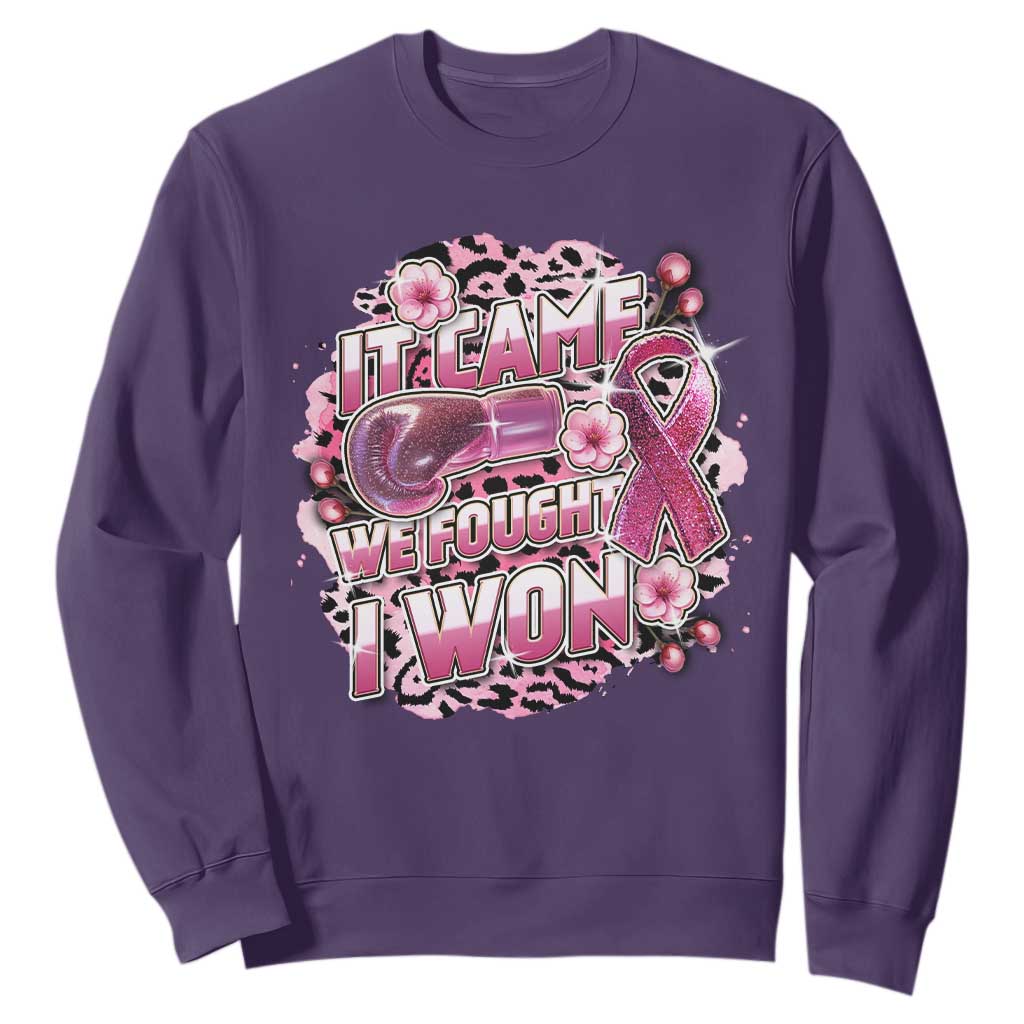 Breast Cancer Support Sweatshirt It Came We Fought I Won Boxing Gloves Pink Ribbon Flowers Leopard