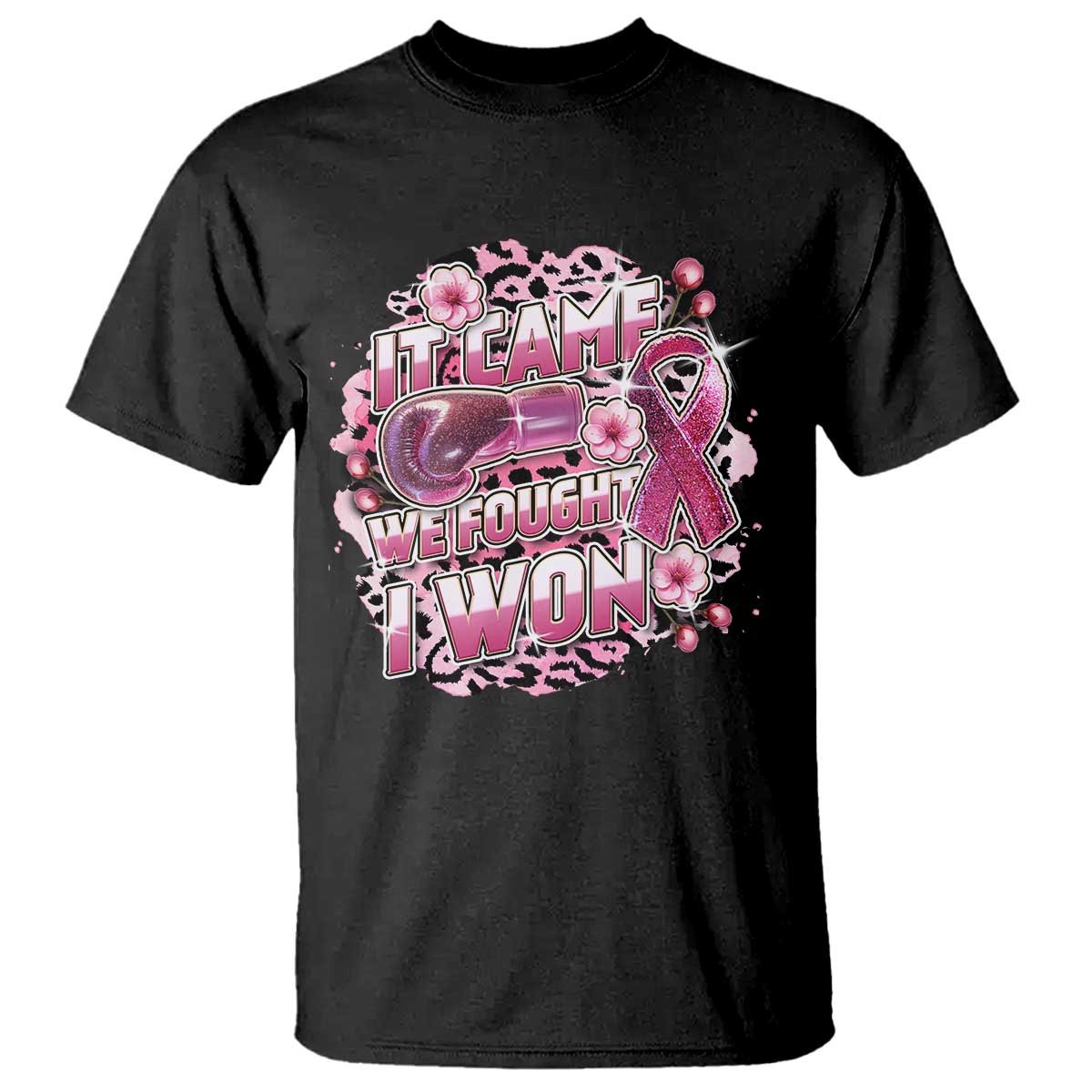 Breast Cancer Support T Shirt It Came We Fought I Won Boxing Gloves Pink Ribbon Flowers Leopard