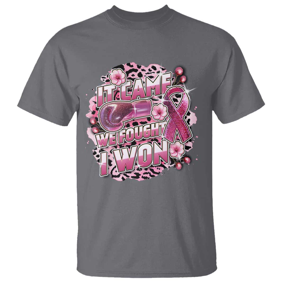 Breast Cancer Support T Shirt It Came We Fought I Won Boxing Gloves Pink Ribbon Flowers Leopard