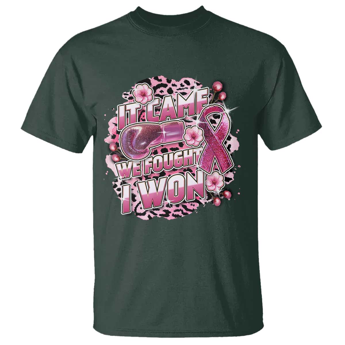 Breast Cancer Support T Shirt It Came We Fought I Won Boxing Gloves Pink Ribbon Flowers Leopard