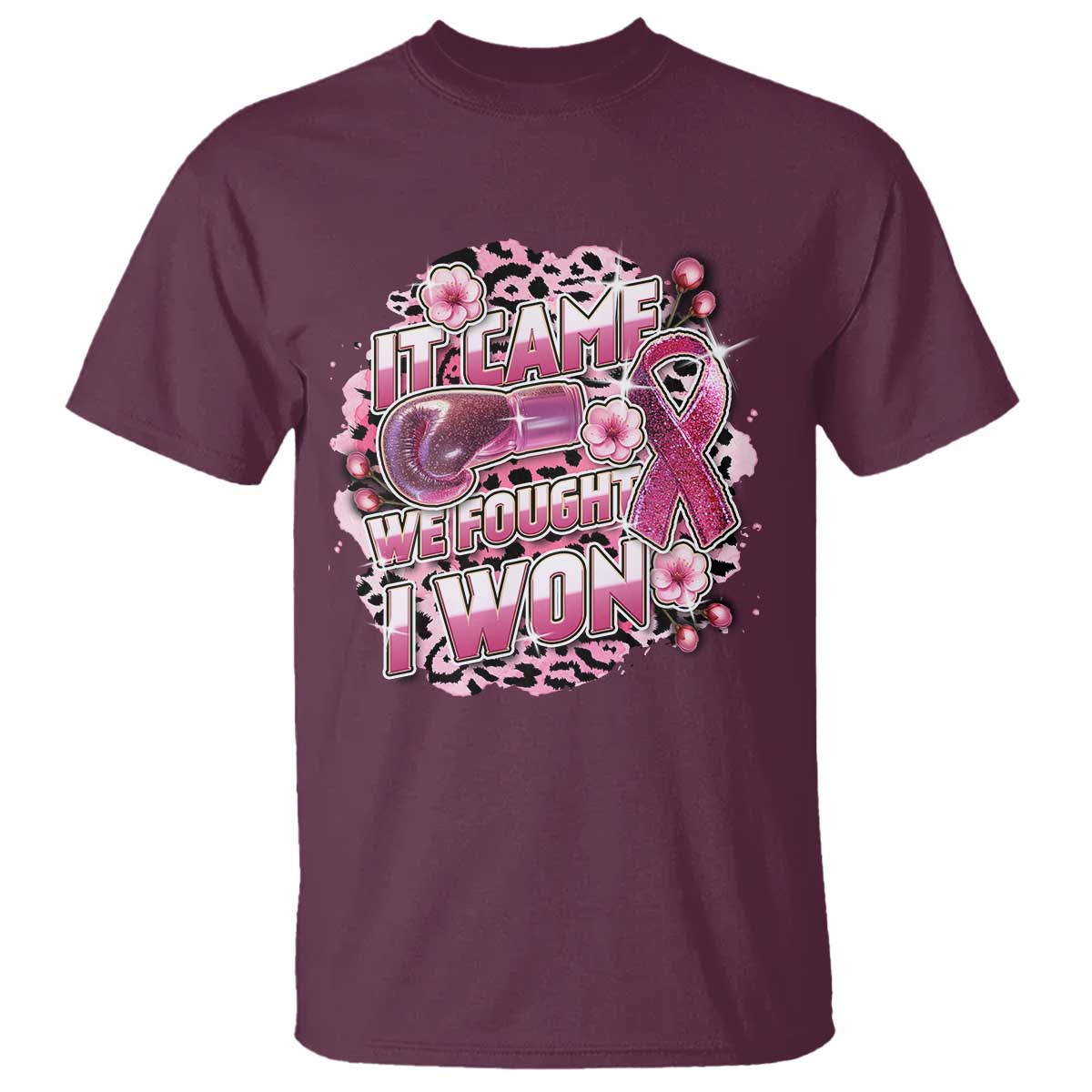 Breast Cancer Support T Shirt It Came We Fought I Won Boxing Gloves Pink Ribbon Flowers Leopard