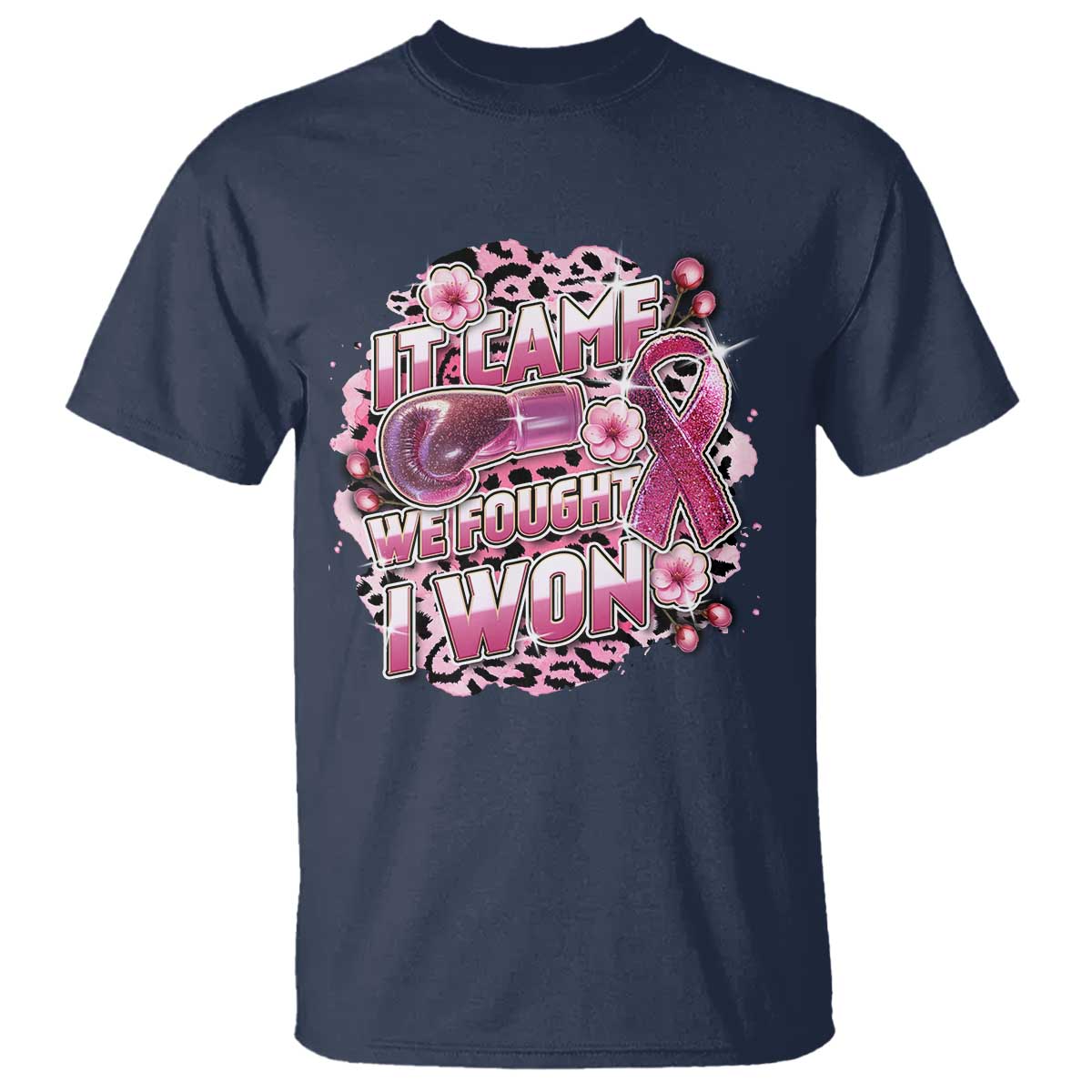 Breast Cancer Support T Shirt It Came We Fought I Won Boxing Gloves Pink Ribbon Flowers Leopard