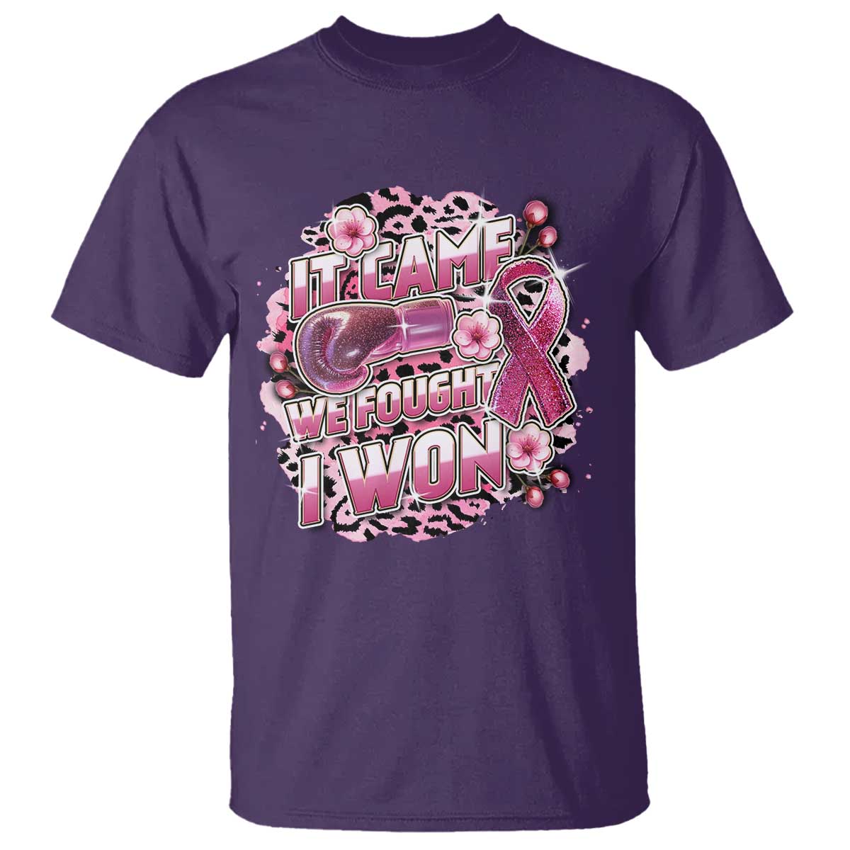 Breast Cancer Support T Shirt It Came We Fought I Won Boxing Gloves Pink Ribbon Flowers Leopard