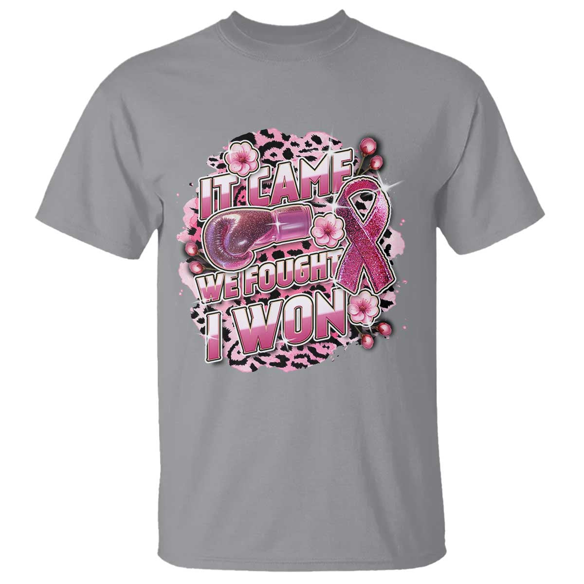 Breast Cancer Support T Shirt It Came We Fought I Won Boxing Gloves Pink Ribbon Flowers Leopard