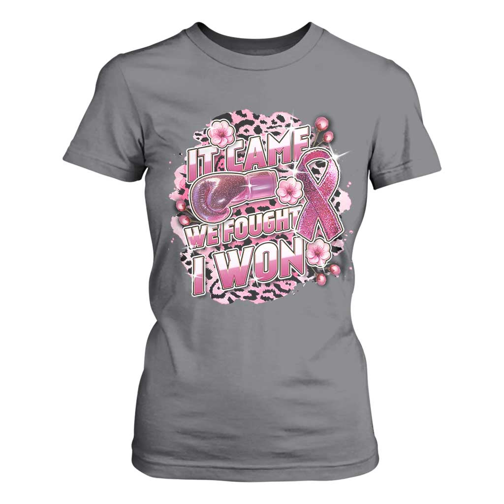 Breast Cancer Support T Shirt For Women It Came We Fought I Won Boxing Gloves Pink Ribbon Flowers Leopard