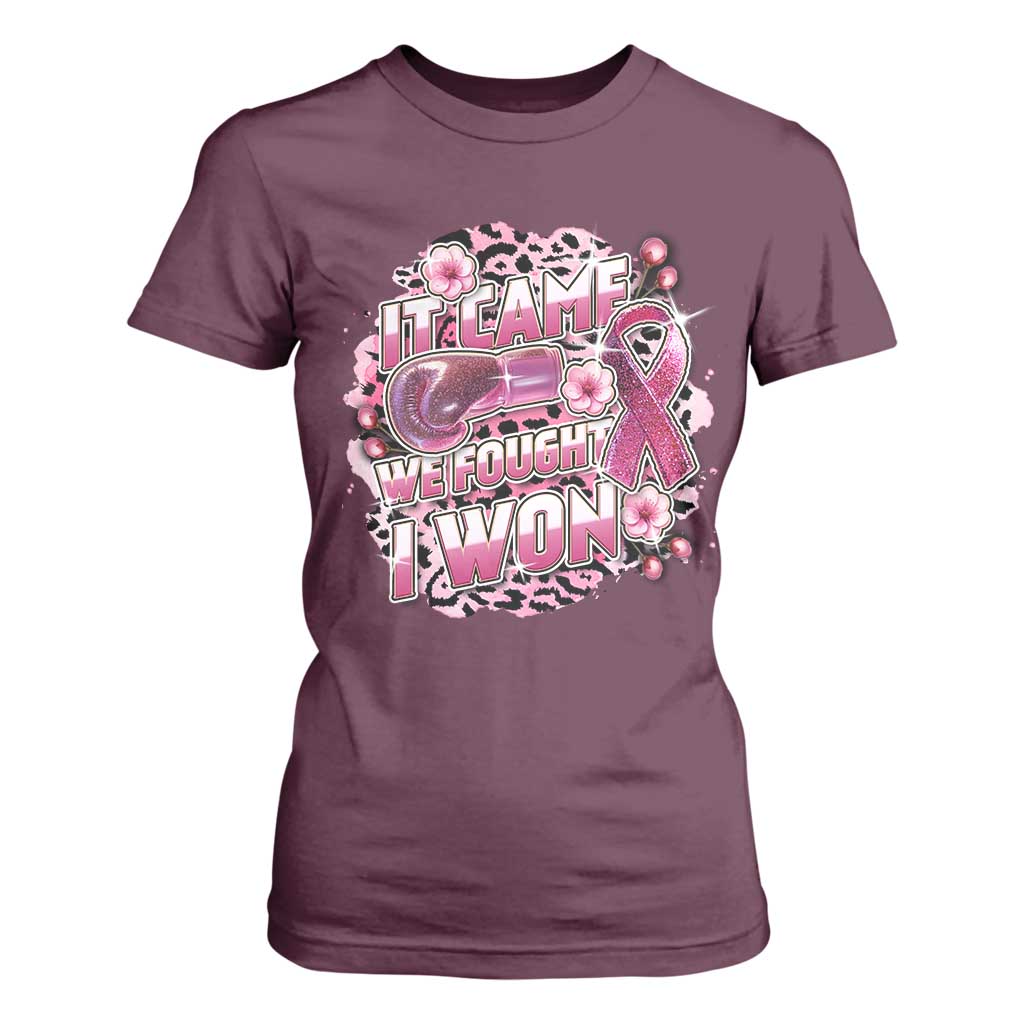 Breast Cancer Support T Shirt For Women It Came We Fought I Won Boxing Gloves Pink Ribbon Flowers Leopard