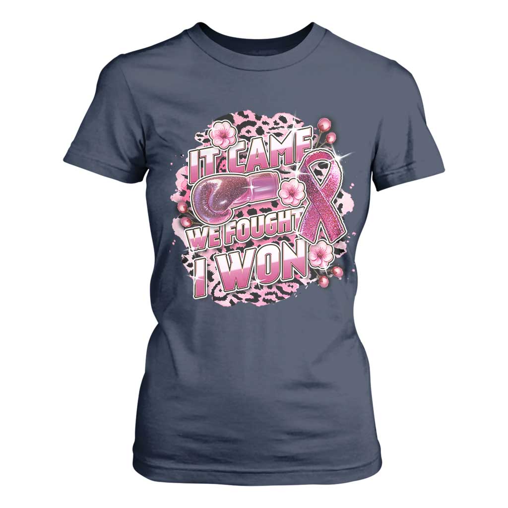 Breast Cancer Support T Shirt For Women It Came We Fought I Won Boxing Gloves Pink Ribbon Flowers Leopard