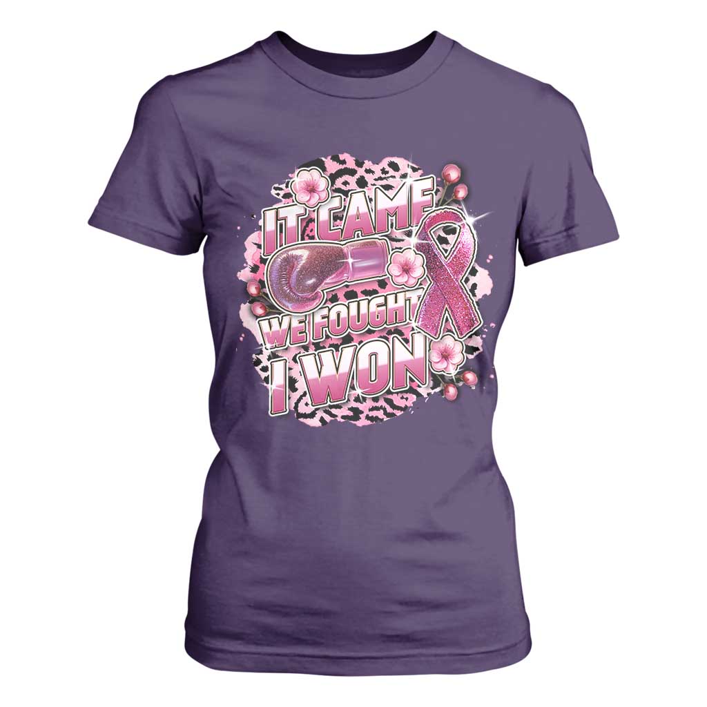 Breast Cancer Support T Shirt For Women It Came We Fought I Won Boxing Gloves Pink Ribbon Flowers Leopard