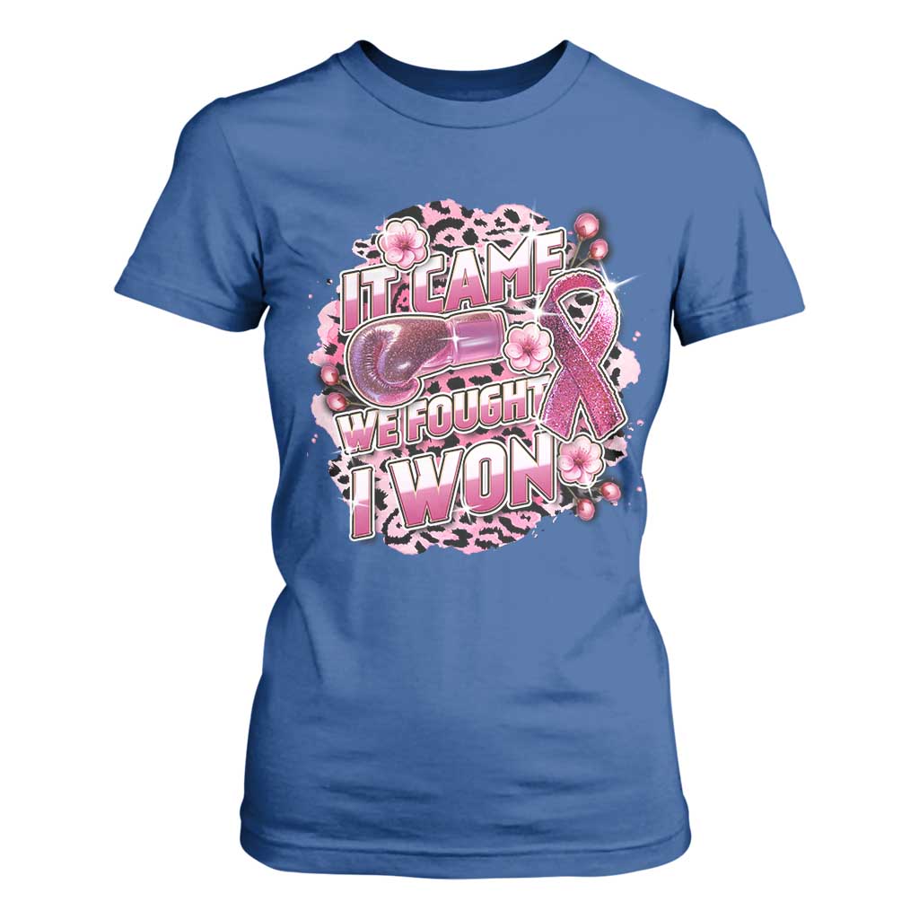 Breast Cancer Support T Shirt For Women It Came We Fought I Won Boxing Gloves Pink Ribbon Flowers Leopard