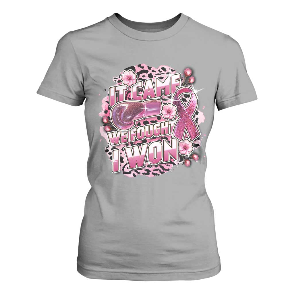 Breast Cancer Support T Shirt For Women It Came We Fought I Won Boxing Gloves Pink Ribbon Flowers Leopard