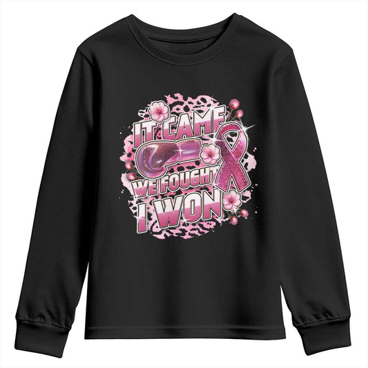 Breast Cancer Support Youth Sweatshirt It Came We Fought I Won Boxing Gloves Pink Ribbon Flowers Leopard