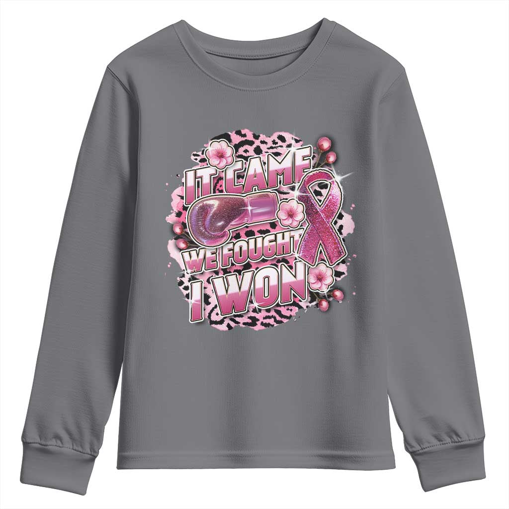 Breast Cancer Support Youth Sweatshirt It Came We Fought I Won Boxing Gloves Pink Ribbon Flowers Leopard