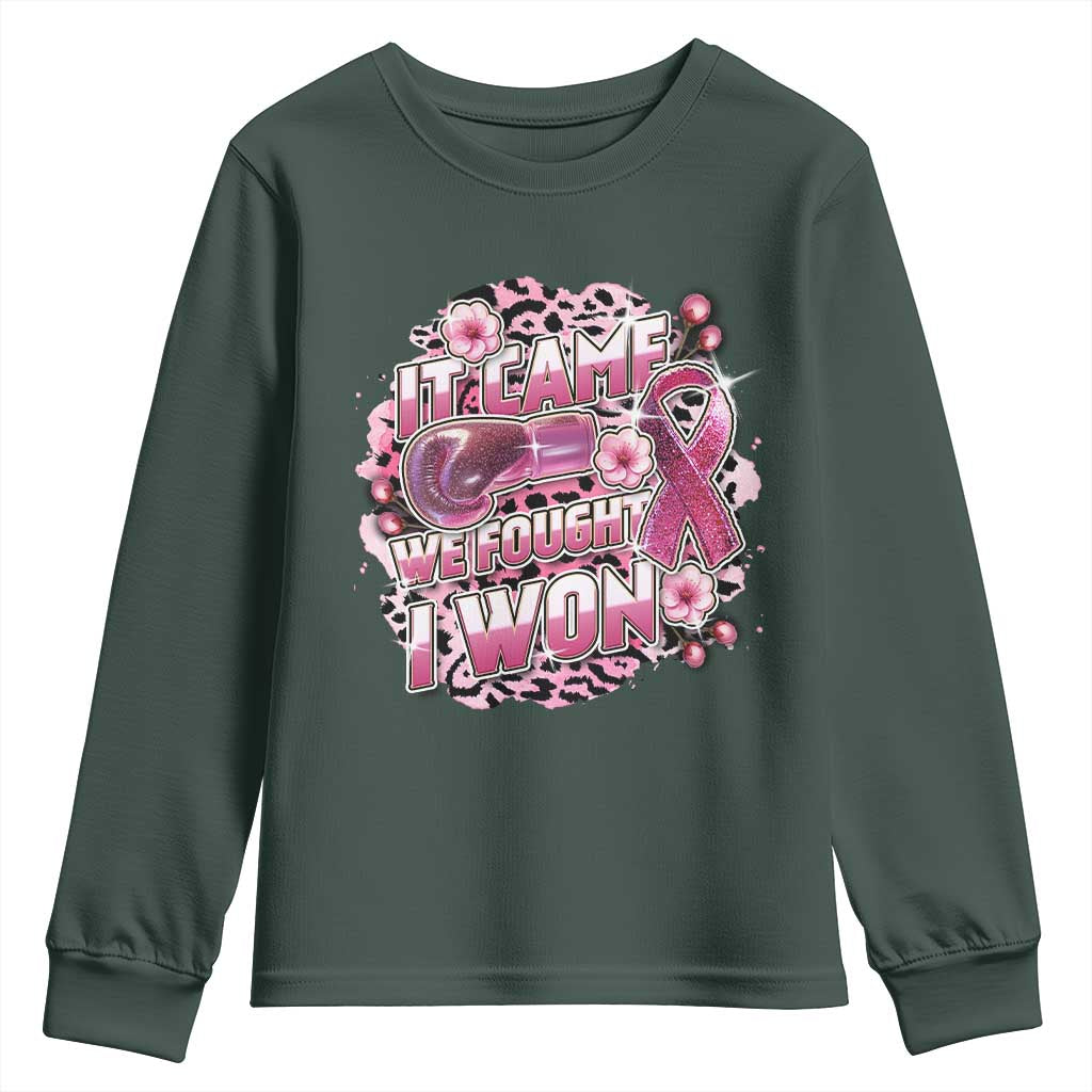 Breast Cancer Support Youth Sweatshirt It Came We Fought I Won Boxing Gloves Pink Ribbon Flowers Leopard