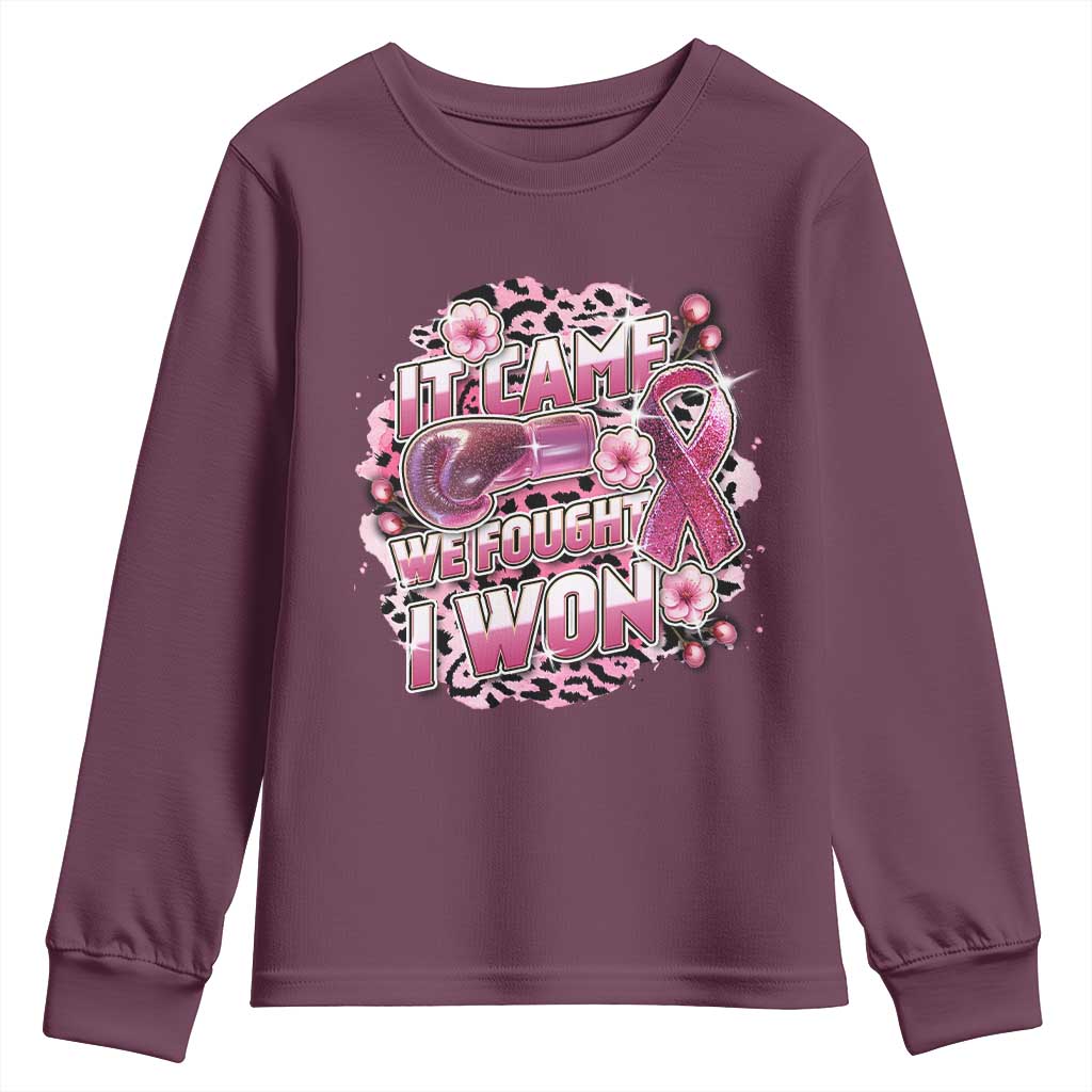 Breast Cancer Support Youth Sweatshirt It Came We Fought I Won Boxing Gloves Pink Ribbon Flowers Leopard