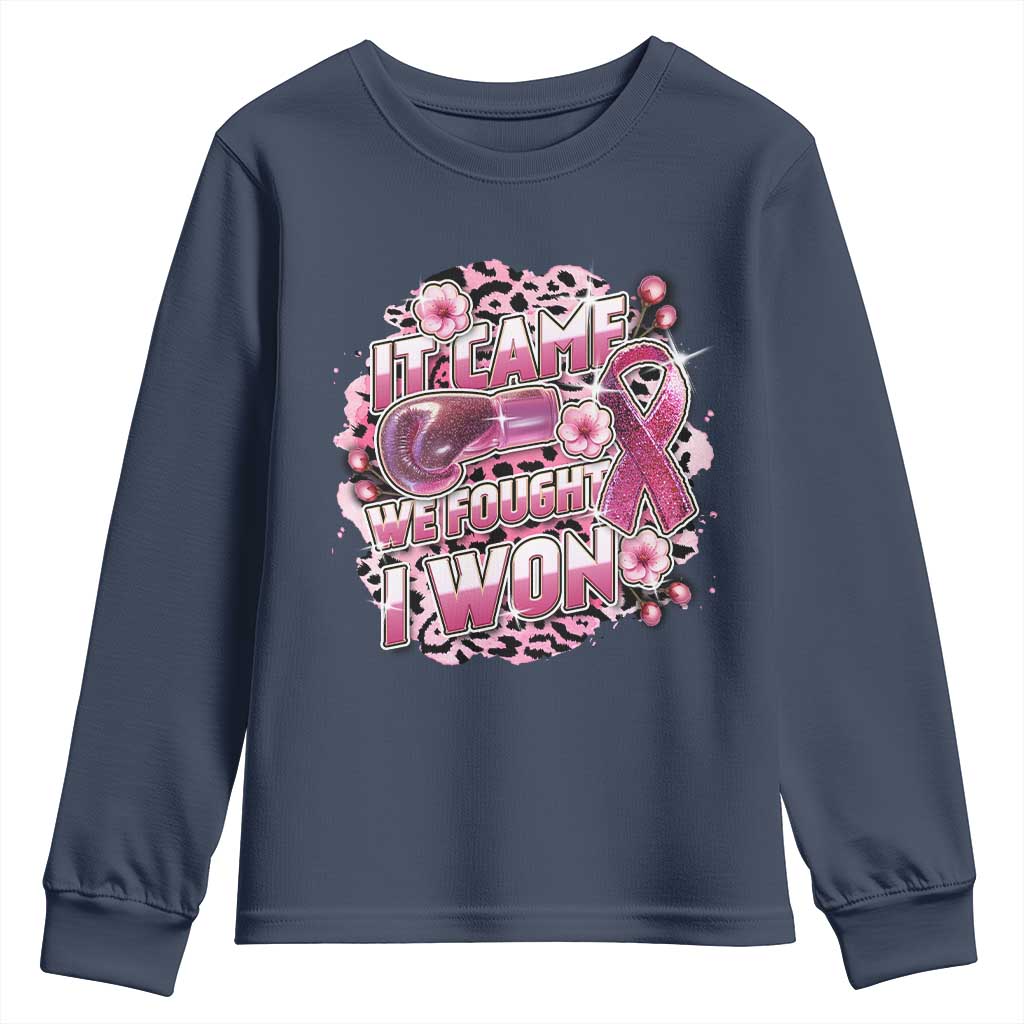 Breast Cancer Support Youth Sweatshirt It Came We Fought I Won Boxing Gloves Pink Ribbon Flowers Leopard