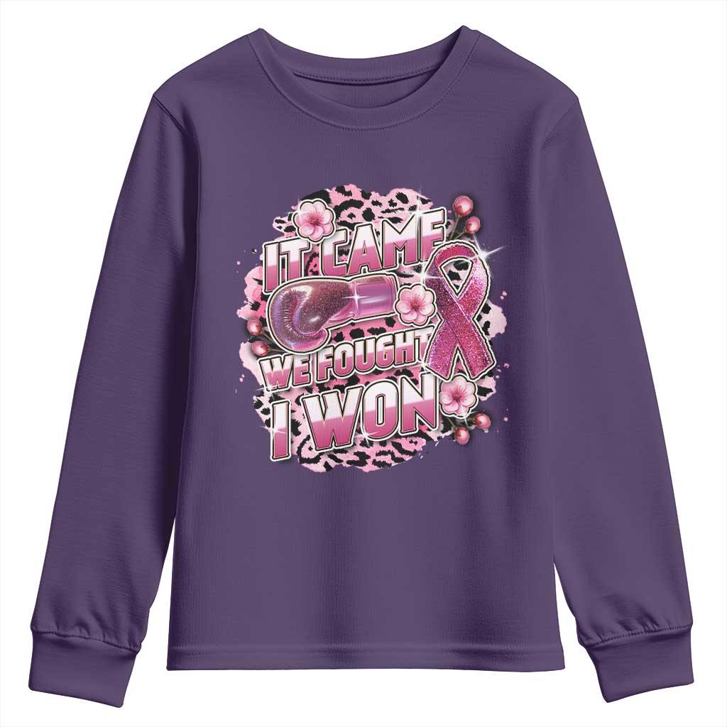 Breast Cancer Support Youth Sweatshirt It Came We Fought I Won Boxing Gloves Pink Ribbon Flowers Leopard