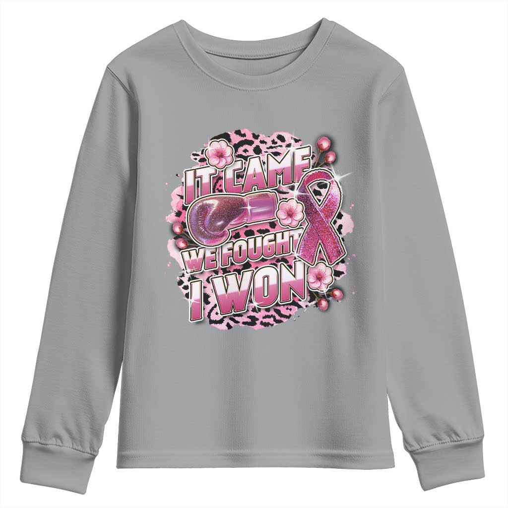 Breast Cancer Support Youth Sweatshirt It Came We Fought I Won Boxing Gloves Pink Ribbon Flowers Leopard