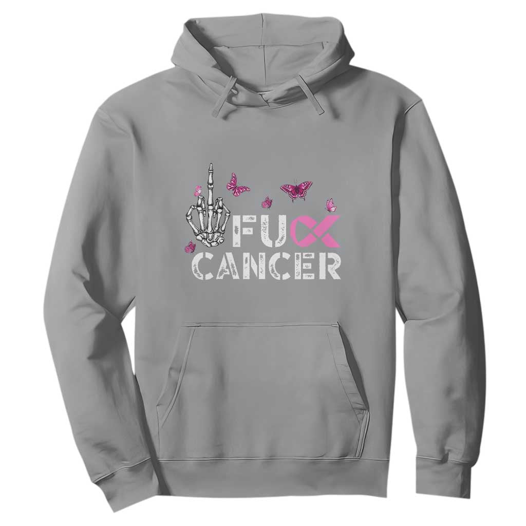 Breast Cancer Support Hoodie Fuck Cancer Pink Ribbon Skeleton Hand Butterfly