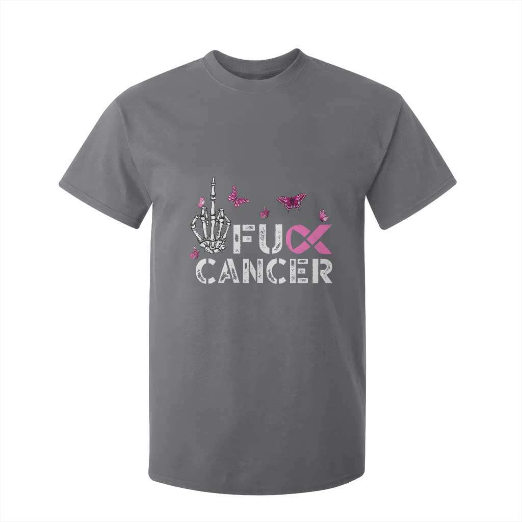 Breast Cancer Support T Shirt For Kid Fuck Cancer Pink Ribbon Skeleton Hand Butterfly