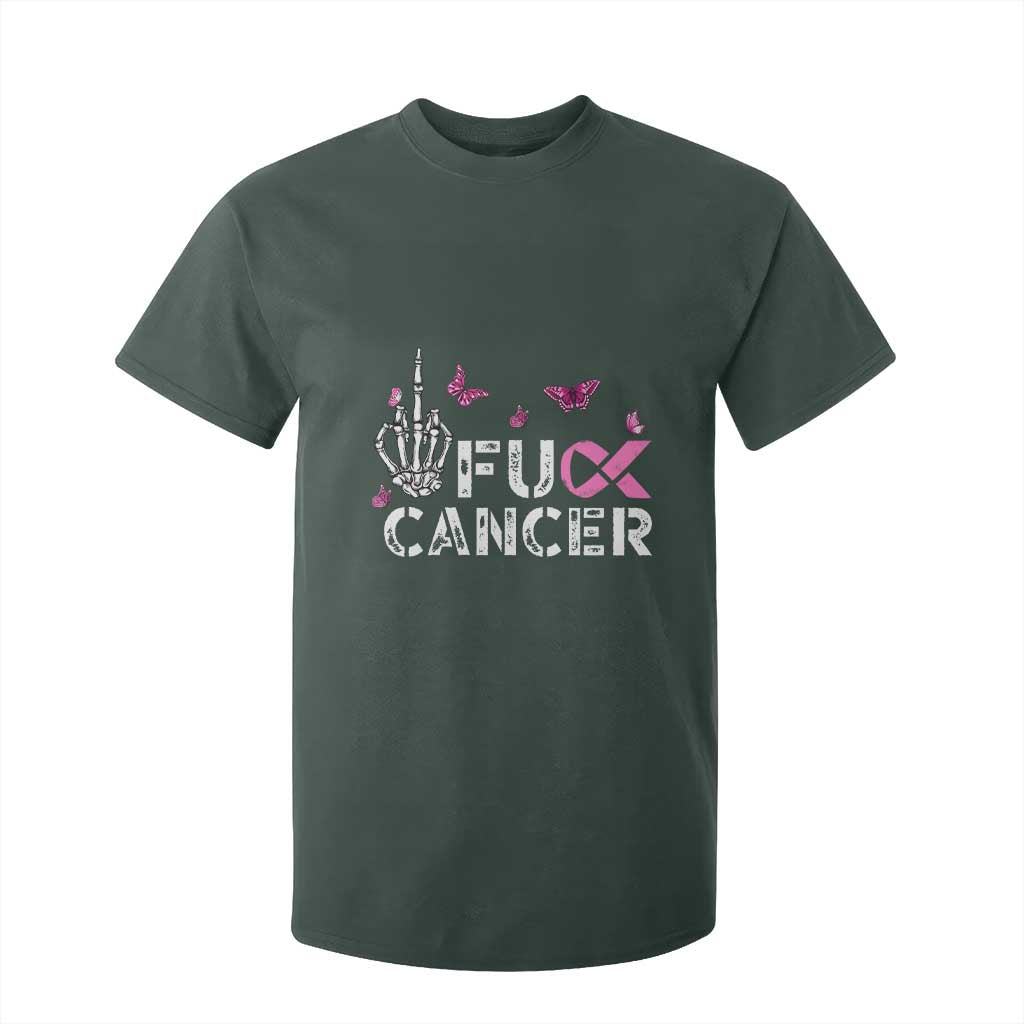 Breast Cancer Support T Shirt For Kid Fuck Cancer Pink Ribbon Skeleton Hand Butterfly