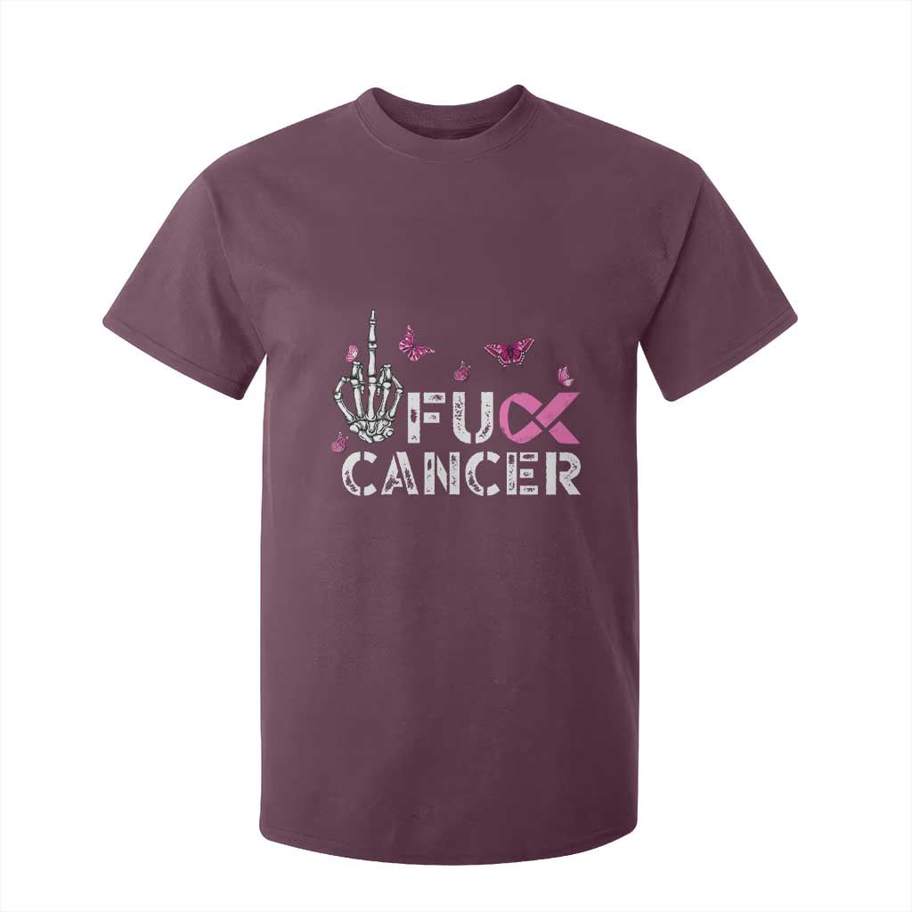 Breast Cancer Support T Shirt For Kid Fuck Cancer Pink Ribbon Skeleton Hand Butterfly
