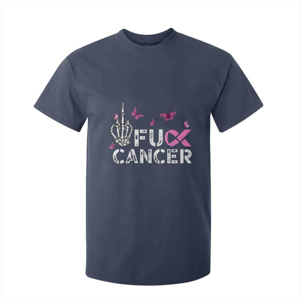 Breast Cancer Support T Shirt For Kid Fuck Cancer Pink Ribbon Skeleton Hand Butterfly