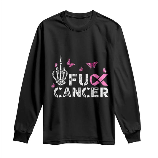 Breast Cancer Support Long Sleeve Shirt Fuck Cancer Pink Ribbon Skeleton Hand Butterfly