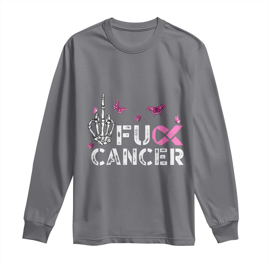 Breast Cancer Support Long Sleeve Shirt Fuck Cancer Pink Ribbon Skeleton Hand Butterfly