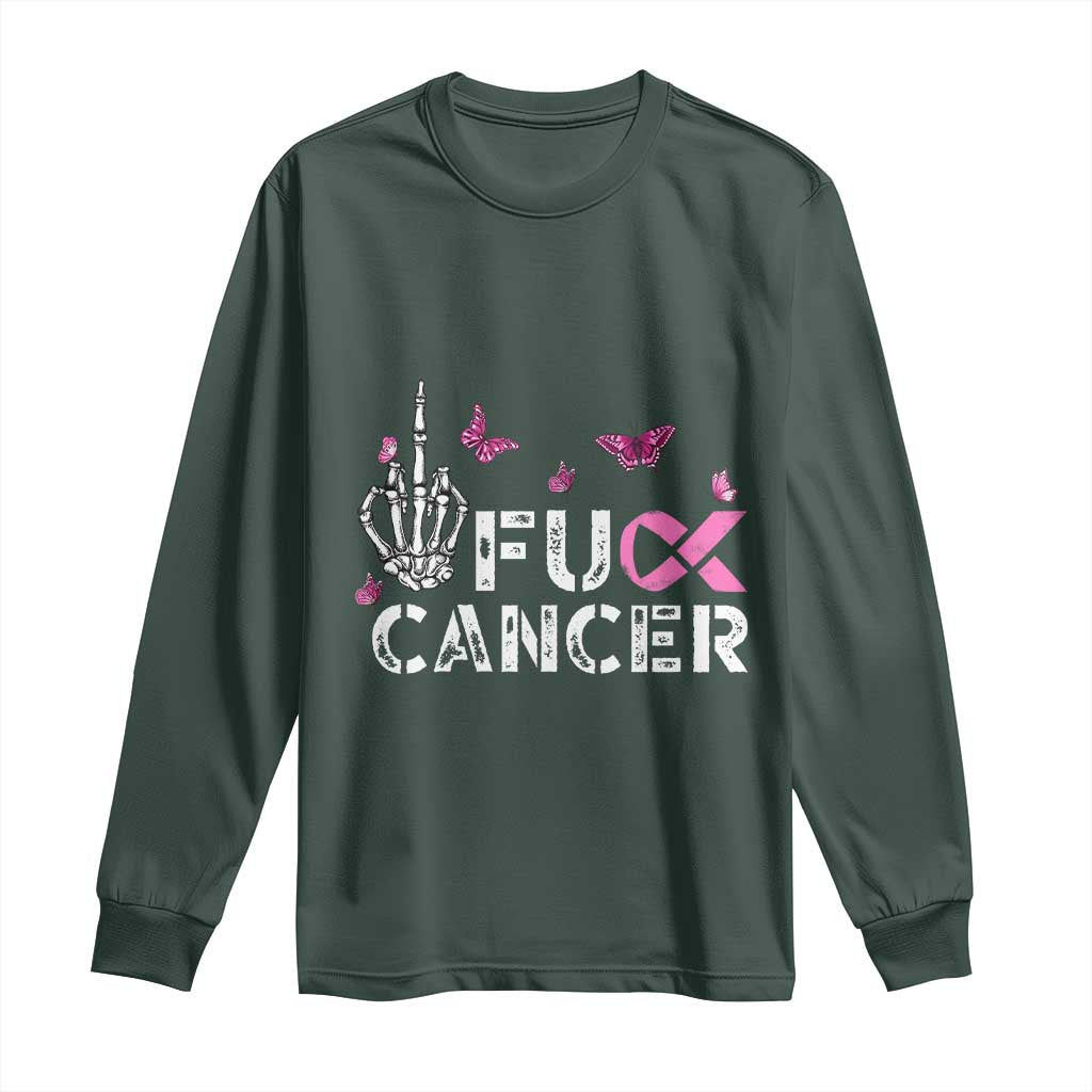 Breast Cancer Support Long Sleeve Shirt Fuck Cancer Pink Ribbon Skeleton Hand Butterfly