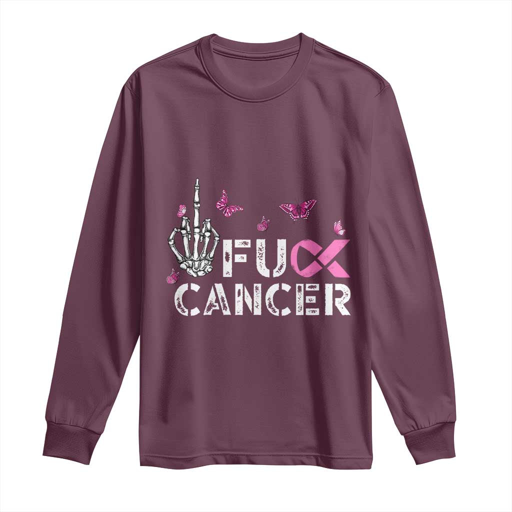 Breast Cancer Support Long Sleeve Shirt Fuck Cancer Pink Ribbon Skeleton Hand Butterfly