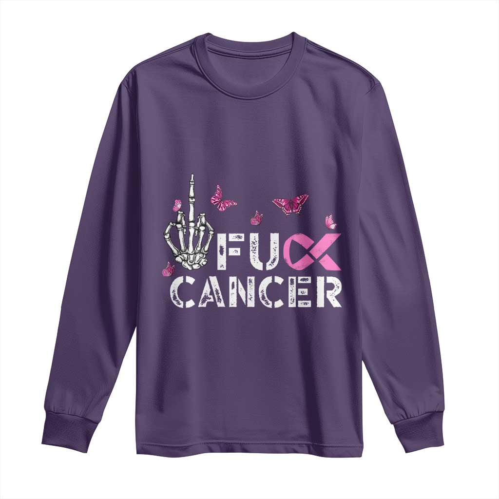 Breast Cancer Support Long Sleeve Shirt Fuck Cancer Pink Ribbon Skeleton Hand Butterfly