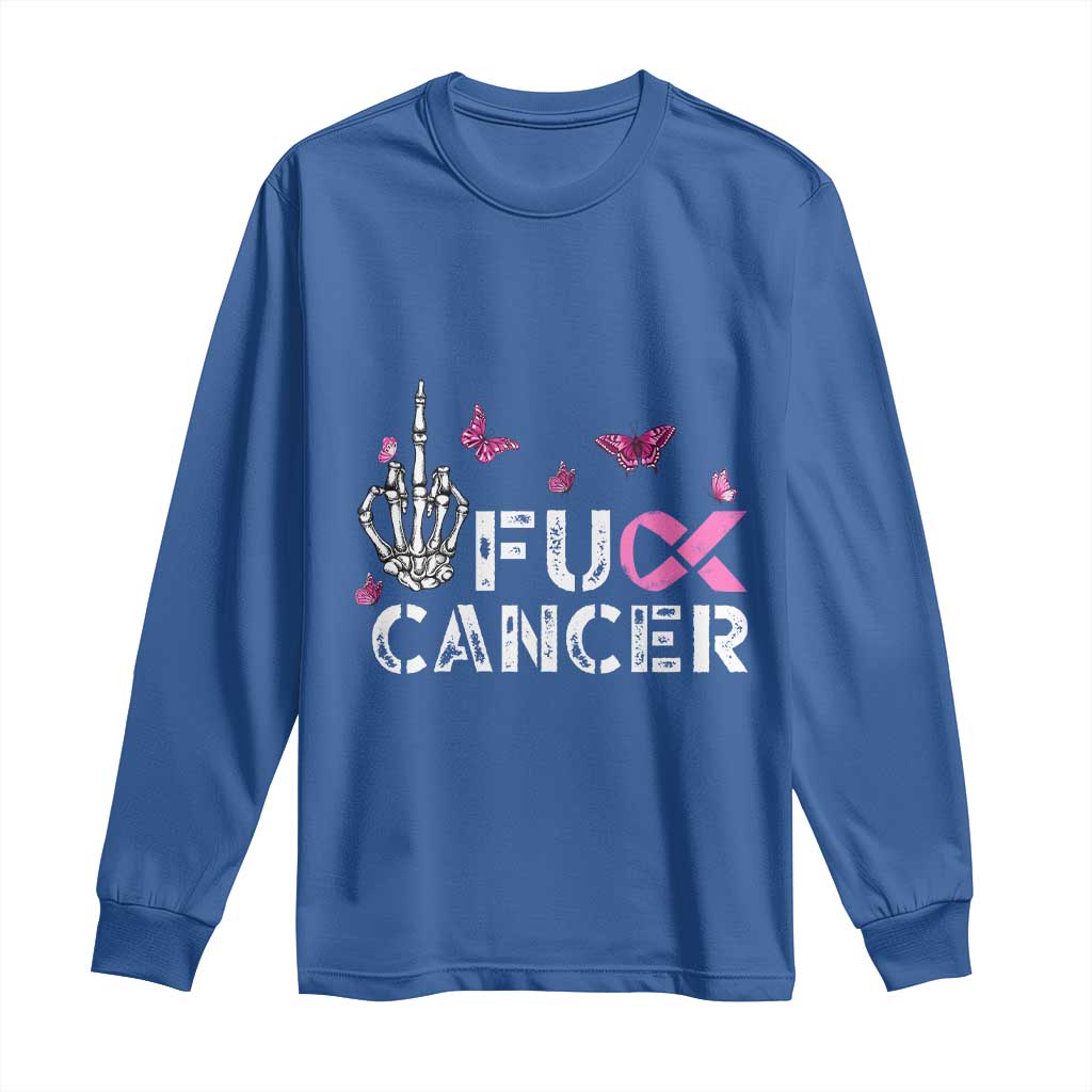 Breast Cancer Support Long Sleeve Shirt Fuck Cancer Pink Ribbon Skeleton Hand Butterfly