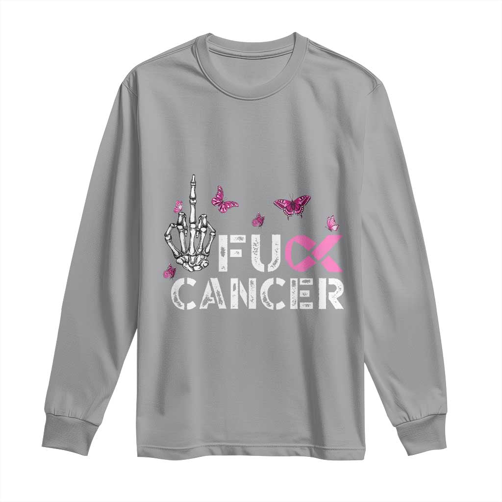 Breast Cancer Support Long Sleeve Shirt Fuck Cancer Pink Ribbon Skeleton Hand Butterfly