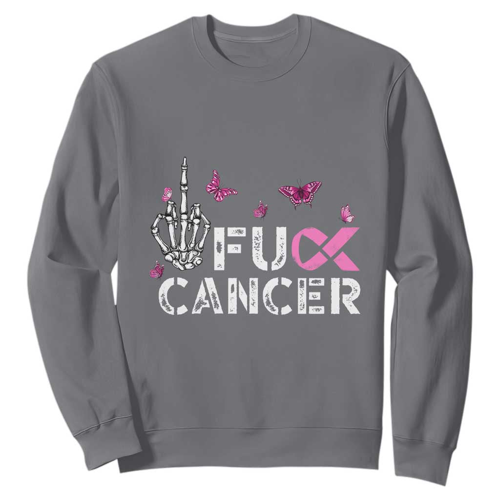 Breast Cancer Support Sweatshirt Fuck Cancer Pink Ribbon Skeleton Hand Butterfly
