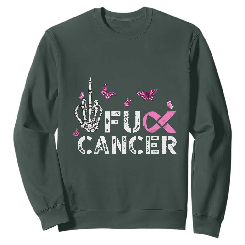 Breast Cancer Support Sweatshirt Fuck Cancer Pink Ribbon Skeleton Hand Butterfly