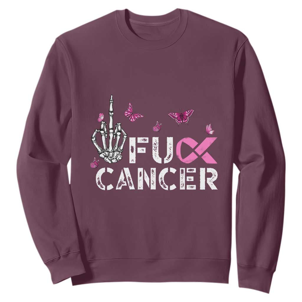 Breast Cancer Support Sweatshirt Fuck Cancer Pink Ribbon Skeleton Hand Butterfly