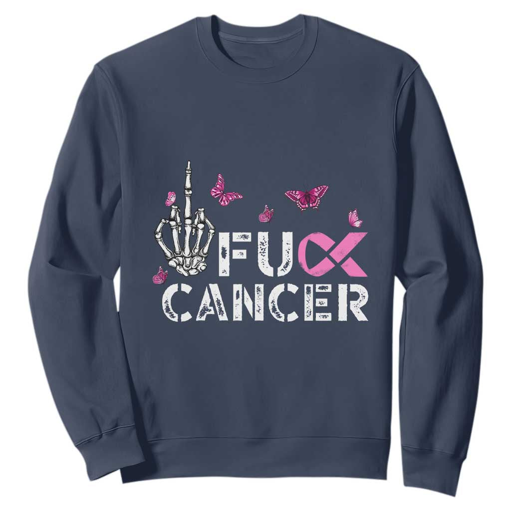 Breast Cancer Support Sweatshirt Fuck Cancer Pink Ribbon Skeleton Hand Butterfly