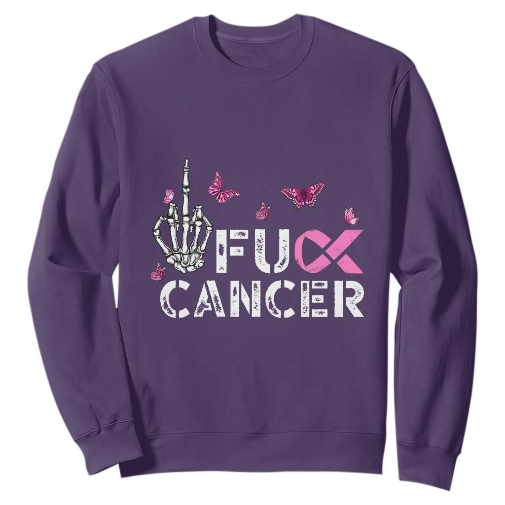 Breast Cancer Support Sweatshirt Fuck Cancer Pink Ribbon Skeleton Hand Butterfly