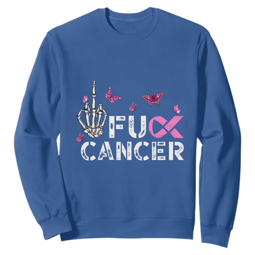 Breast Cancer Support Sweatshirt Fuck Cancer Pink Ribbon Skeleton Hand Butterfly