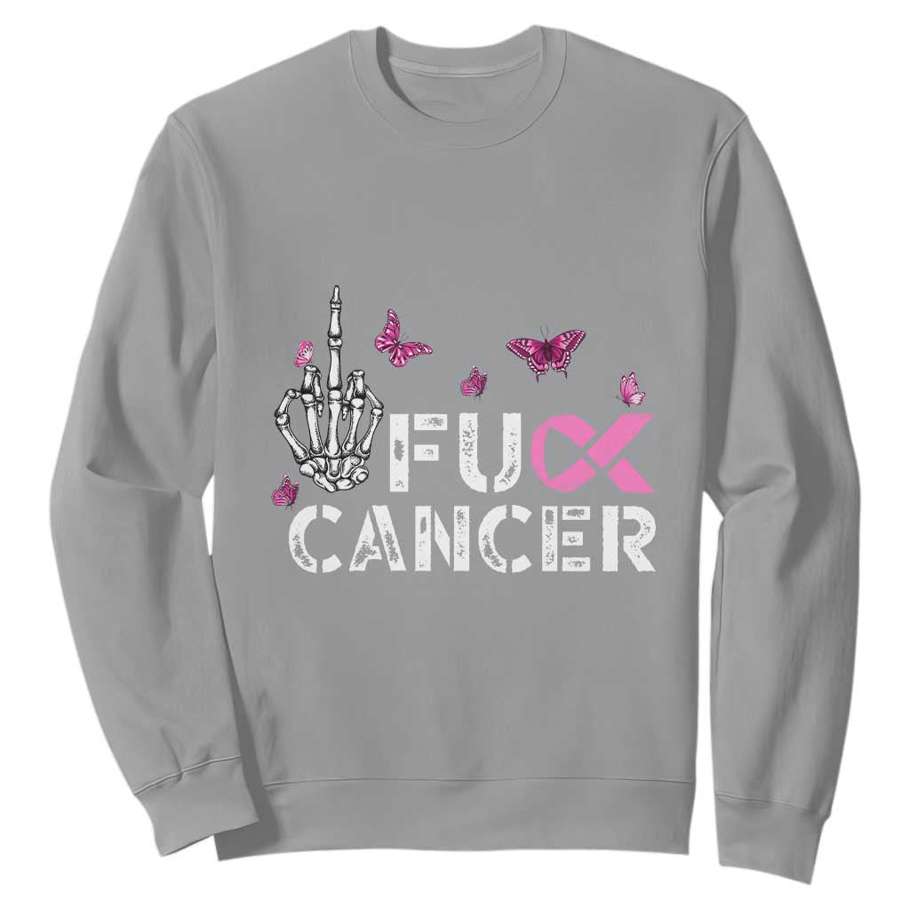 Breast Cancer Support Sweatshirt Fuck Cancer Pink Ribbon Skeleton Hand Butterfly