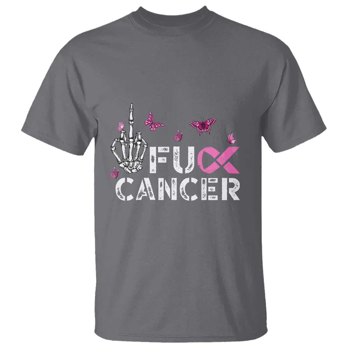 Breast Cancer Support T Shirt Fuck Cancer Pink Ribbon Skeleton Hand Butterfly