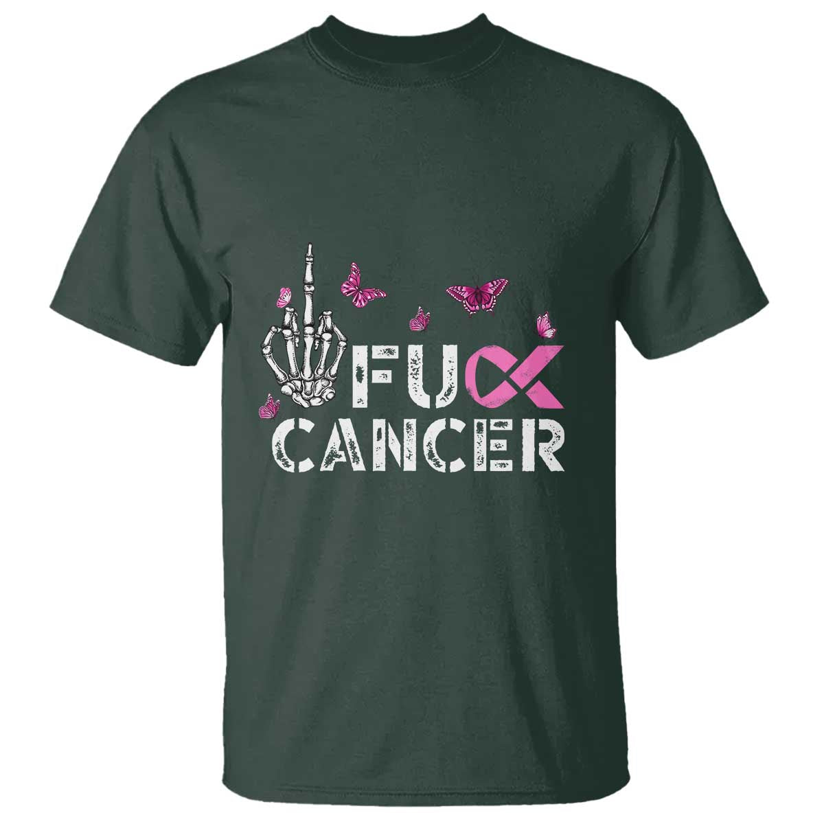 Breast Cancer Support T Shirt Fuck Cancer Pink Ribbon Skeleton Hand Butterfly