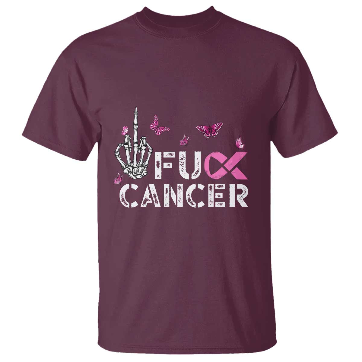 Breast Cancer Support T Shirt Fuck Cancer Pink Ribbon Skeleton Hand Butterfly