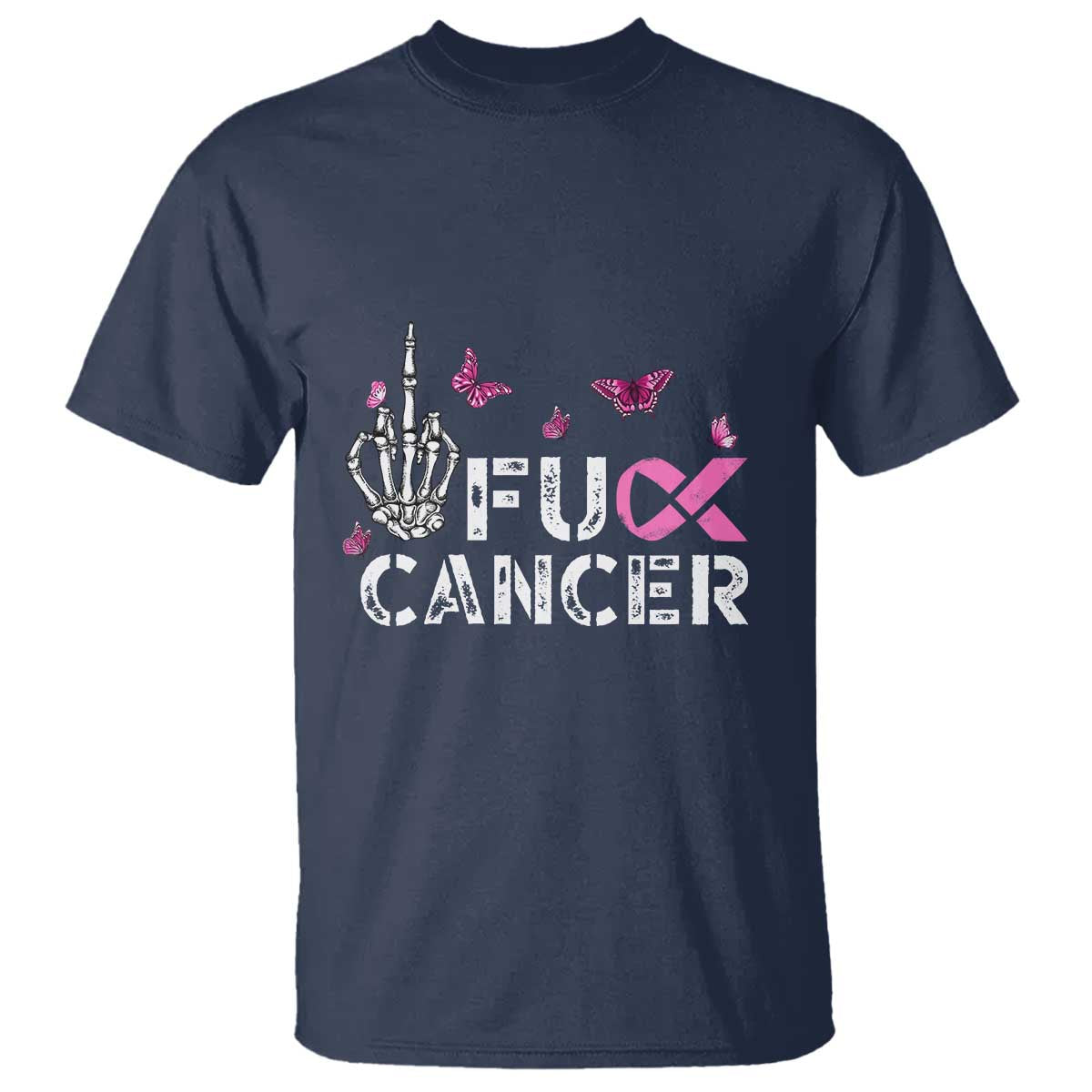 Breast Cancer Support T Shirt Fuck Cancer Pink Ribbon Skeleton Hand Butterfly