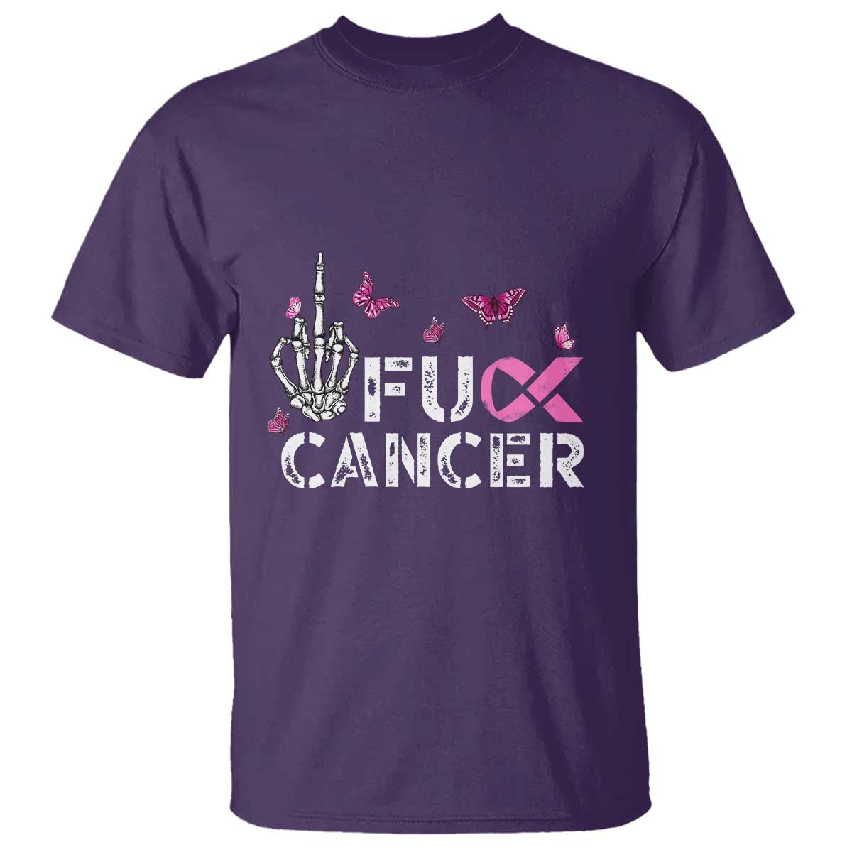 Breast Cancer Support T Shirt Fuck Cancer Pink Ribbon Skeleton Hand Butterfly