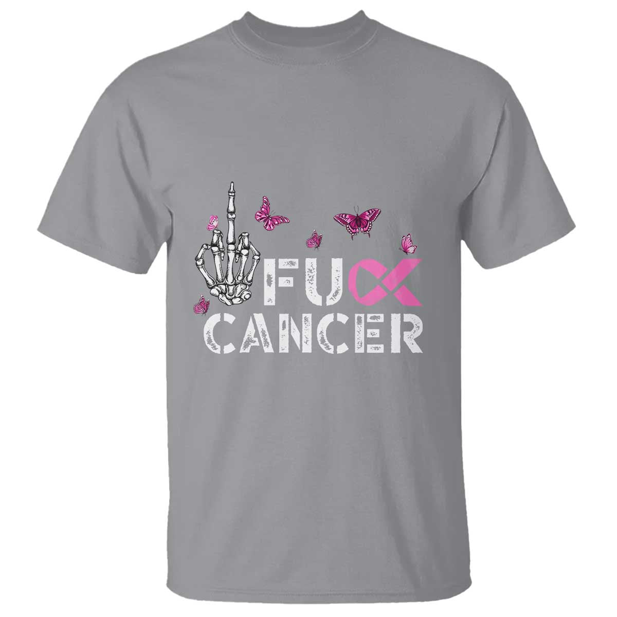 Breast Cancer Support T Shirt Fuck Cancer Pink Ribbon Skeleton Hand Butterfly