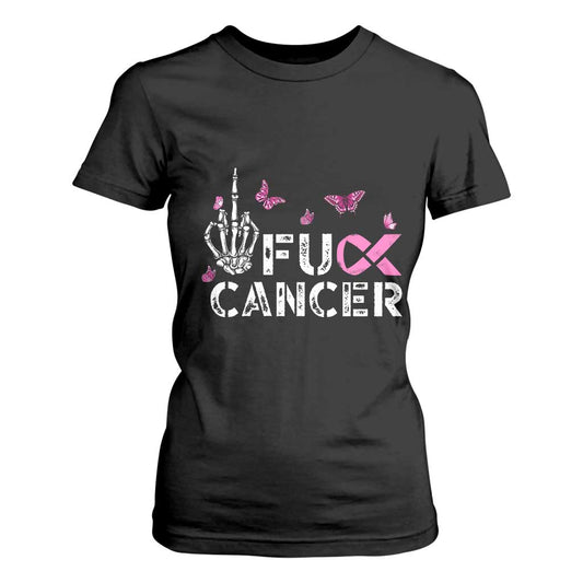 Breast Cancer Support T Shirt For Women Fuck Cancer Pink Ribbon Skeleton Hand Butterfly