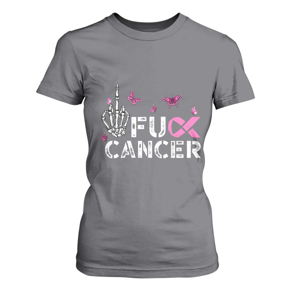 Breast Cancer Support T Shirt For Women Fuck Cancer Pink Ribbon Skeleton Hand Butterfly