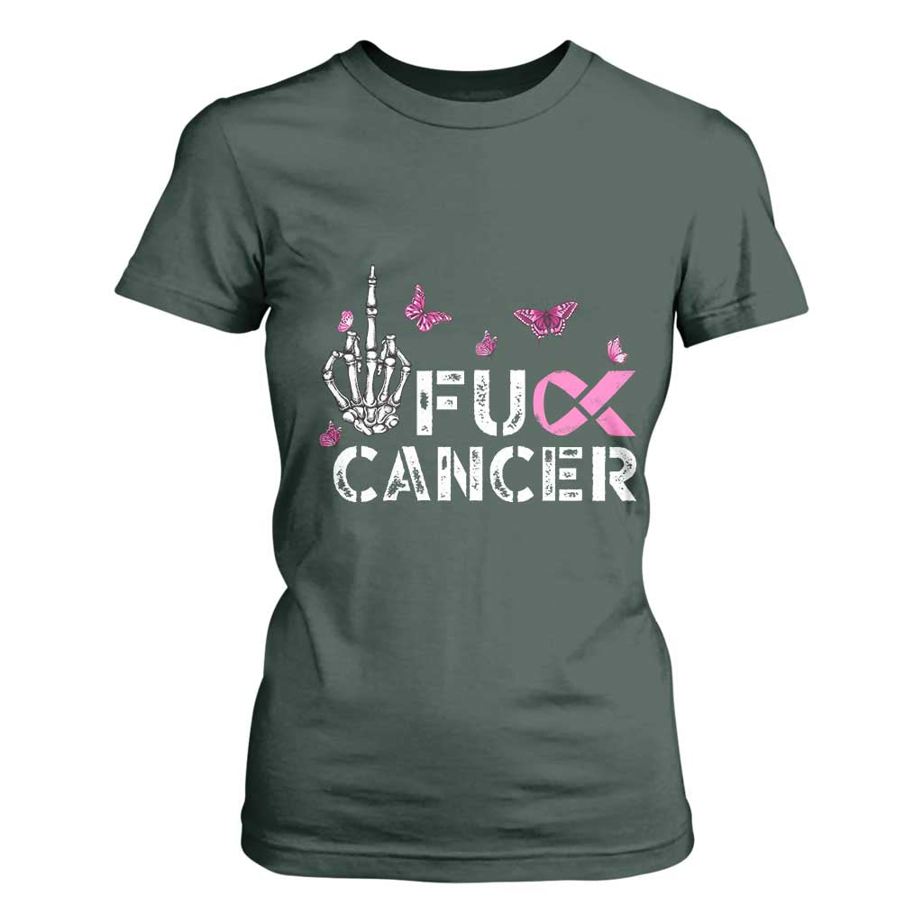 Breast Cancer Support T Shirt For Women Fuck Cancer Pink Ribbon Skeleton Hand Butterfly