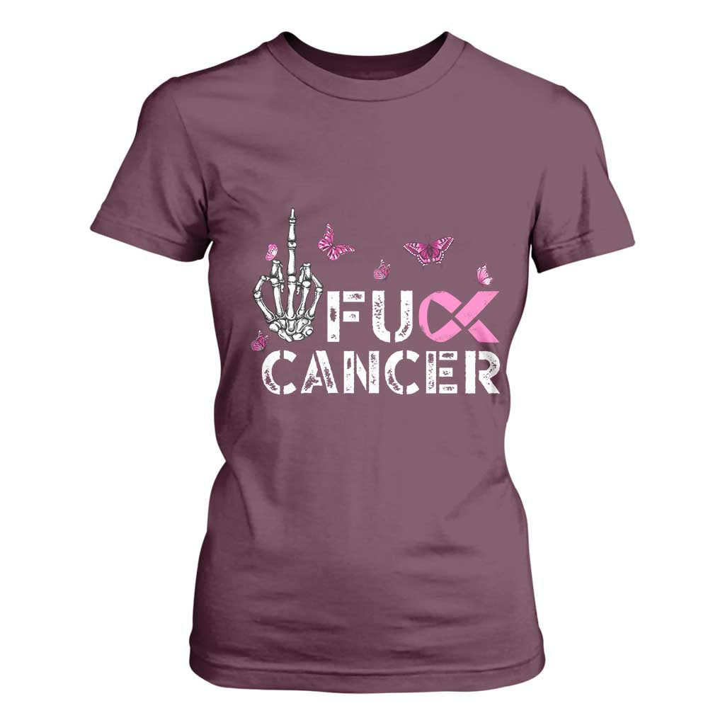 Breast Cancer Support T Shirt For Women Fuck Cancer Pink Ribbon Skeleton Hand Butterfly